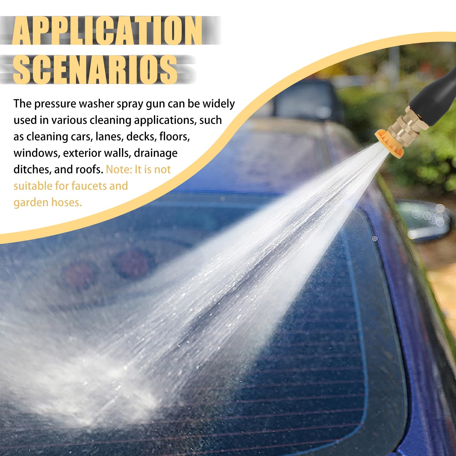 Abode cleaning surfaces like vehicles, walls, and decks with a durable spray.