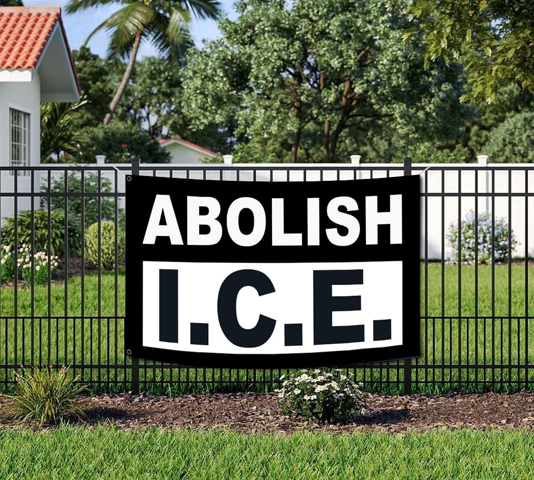 Abolish ICE banner with bold lettering for distance readability