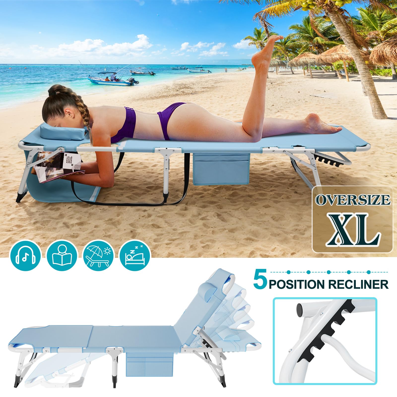 ABORON tanning chair face-hole adjustment for customizable sunbathing angle
