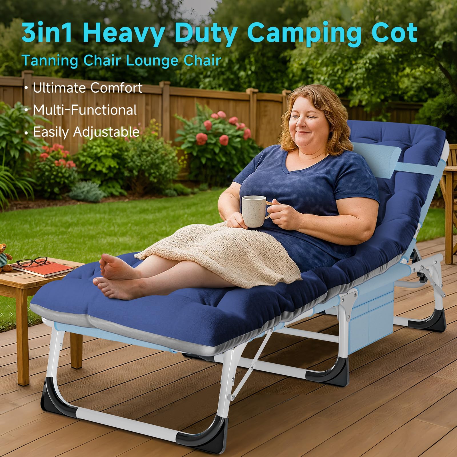 ABORON heavy-duty tanning chair in reclined position for lounging comfort