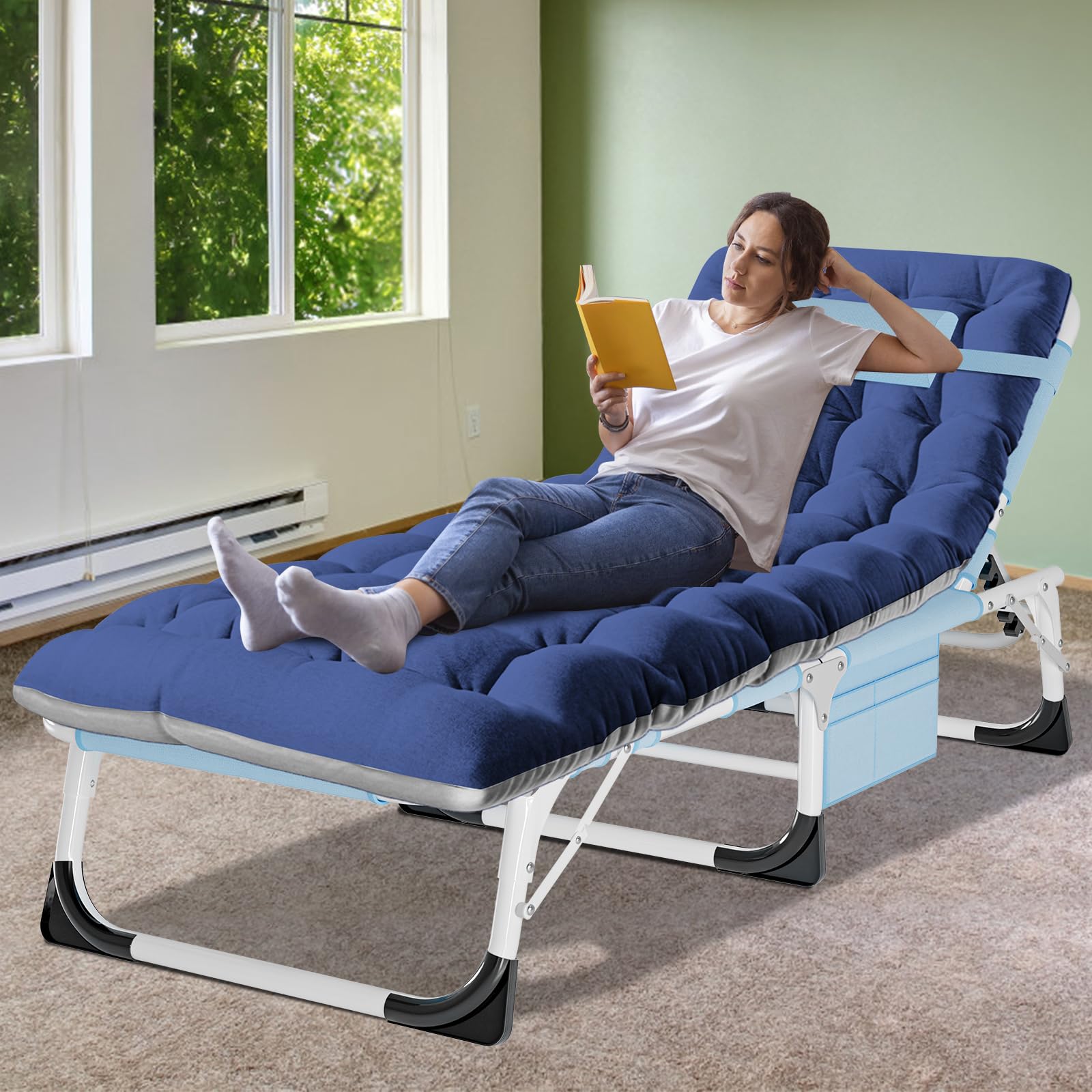 ABORON heavy-duty tanning chair side view showing compact fold for travel