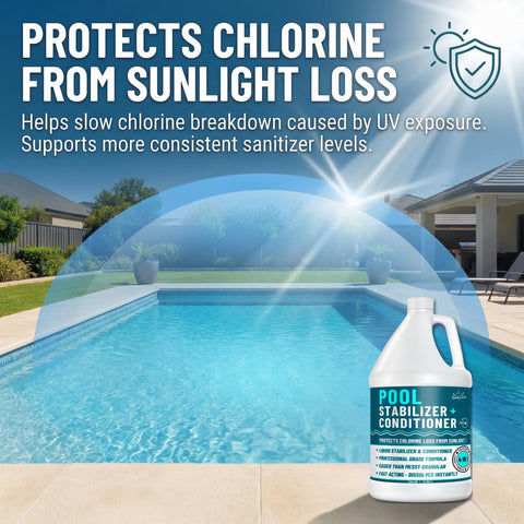 Above-ground pool treatment with BubbyShine promotes gentle water conditioning.
