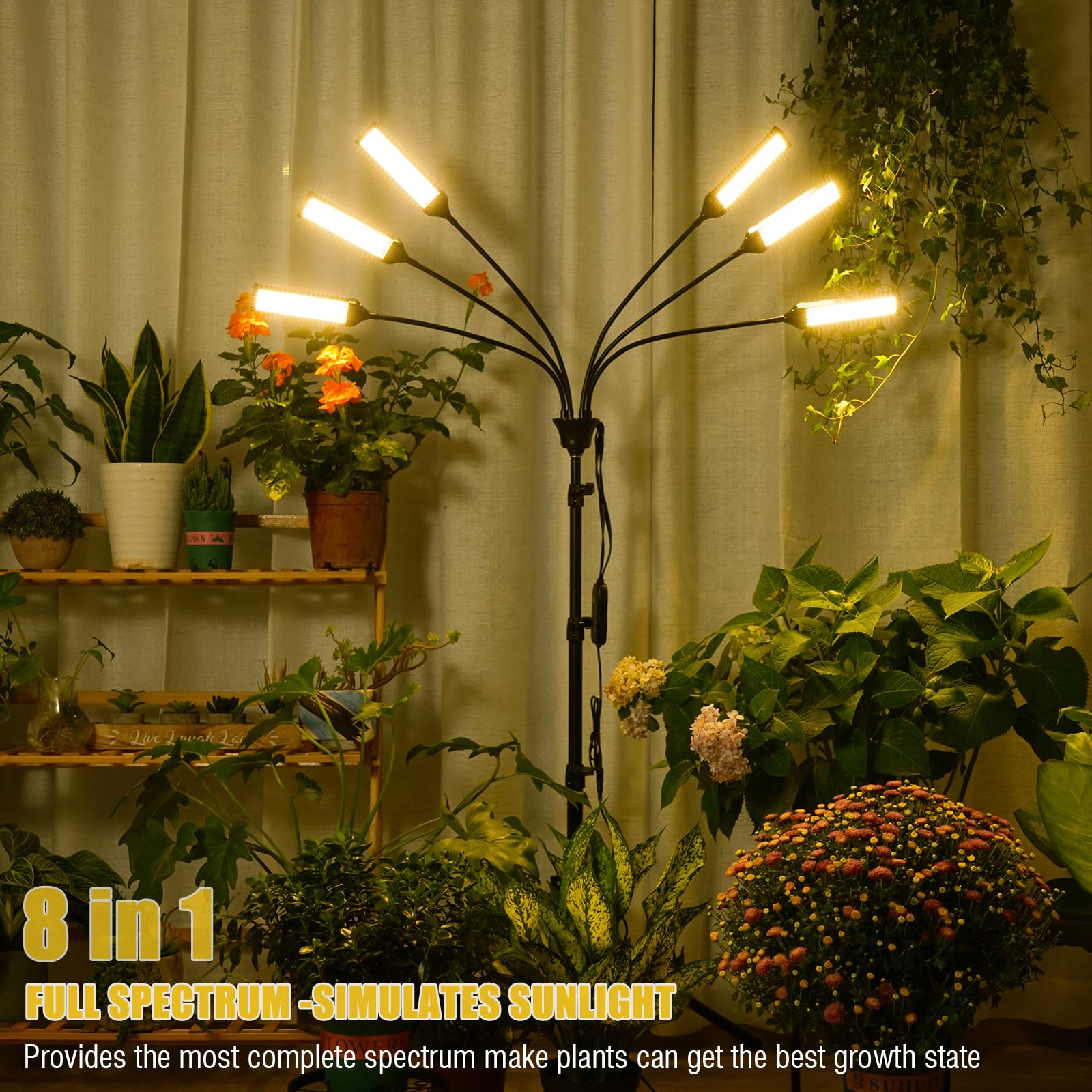 Abriselux 58-inch adjustable stand supports tall plants for optimized positioning.