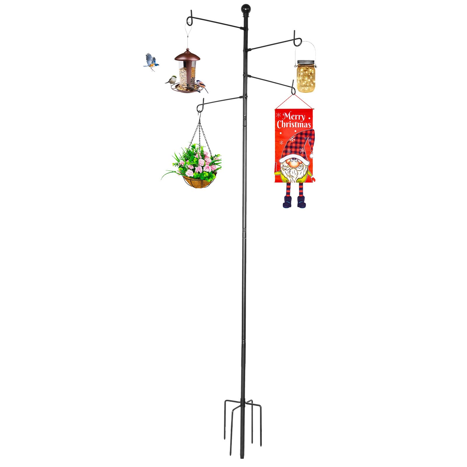 ABtool shepherd hook with five-prong base for stable outdoor displays of plants and feeders.
