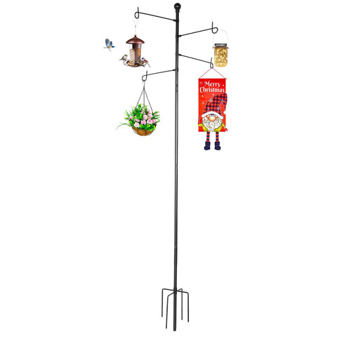 ABtool shepherd hook with five-prong base for stable outdoor displays of plants and feeders.
