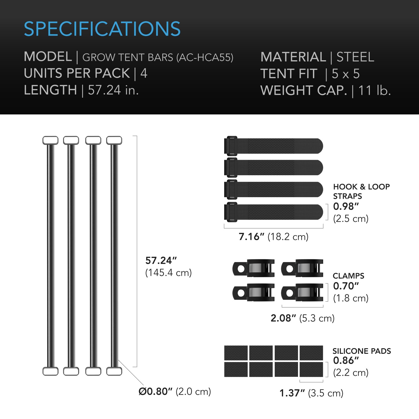 AC Infinity 5x5 mounting bars compatible with shelves, drying racks, and accessories.