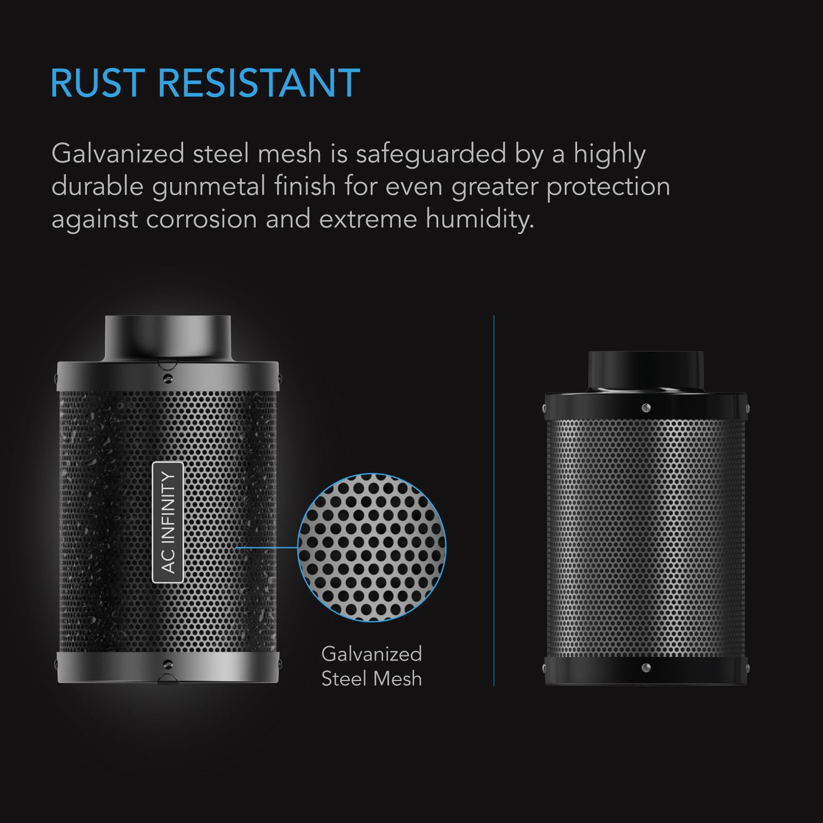 AC Infinity Air Carbon Filter gunmetal finish emphasizing rust resistance in humid spaces.