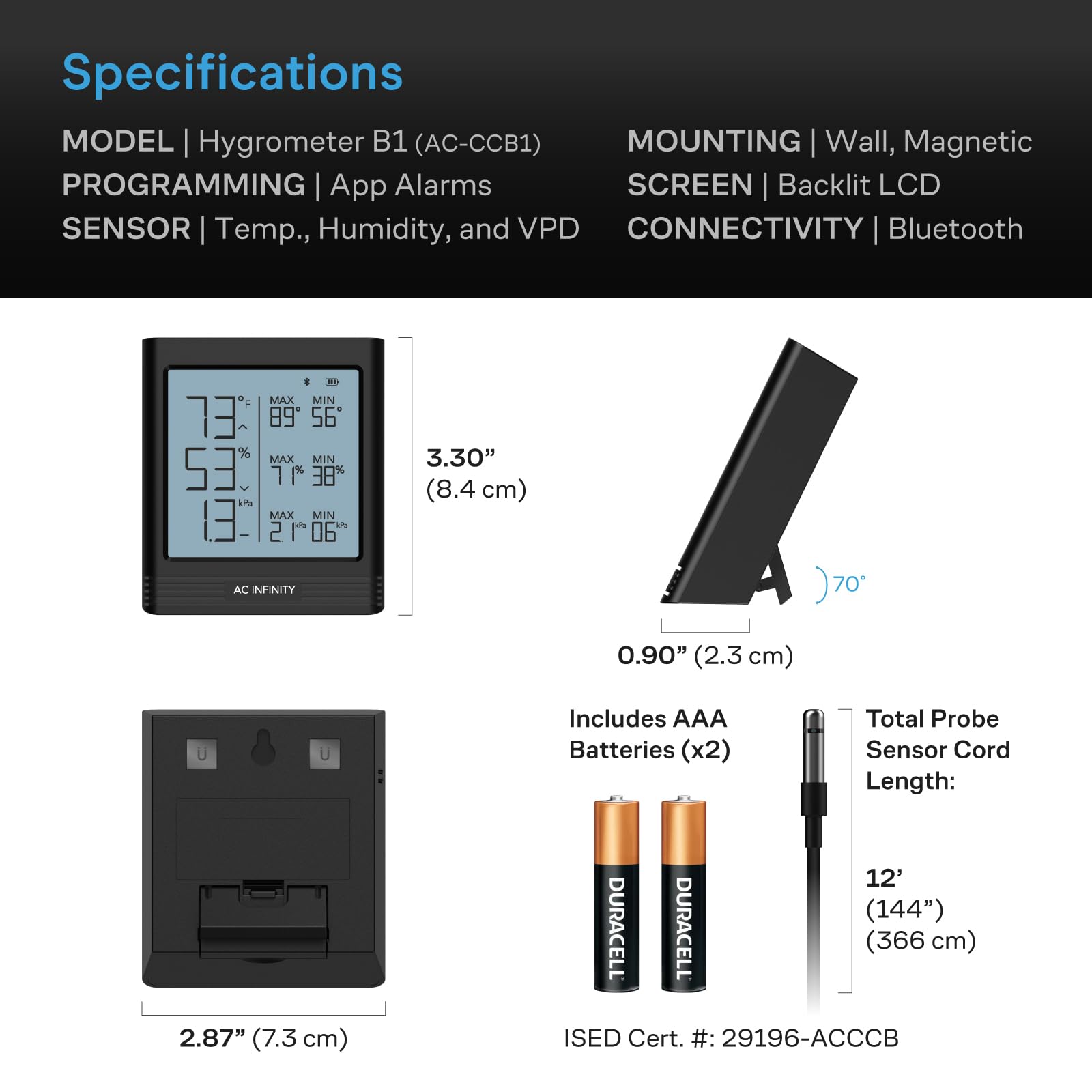 AC Infinity B1 Bluetooth alerts and CSV export for trend tracking.