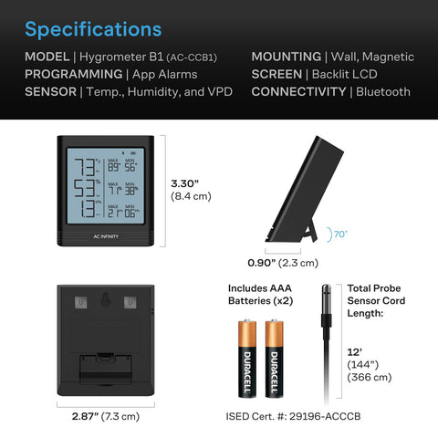AC Infinity B1 Bluetooth alerts and CSV export for trend tracking.