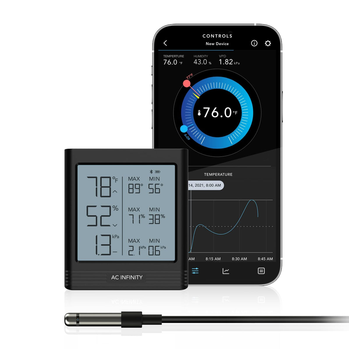 AC Infinity B1 hygrometer with LCD display shows temperature and humidity at a glance.