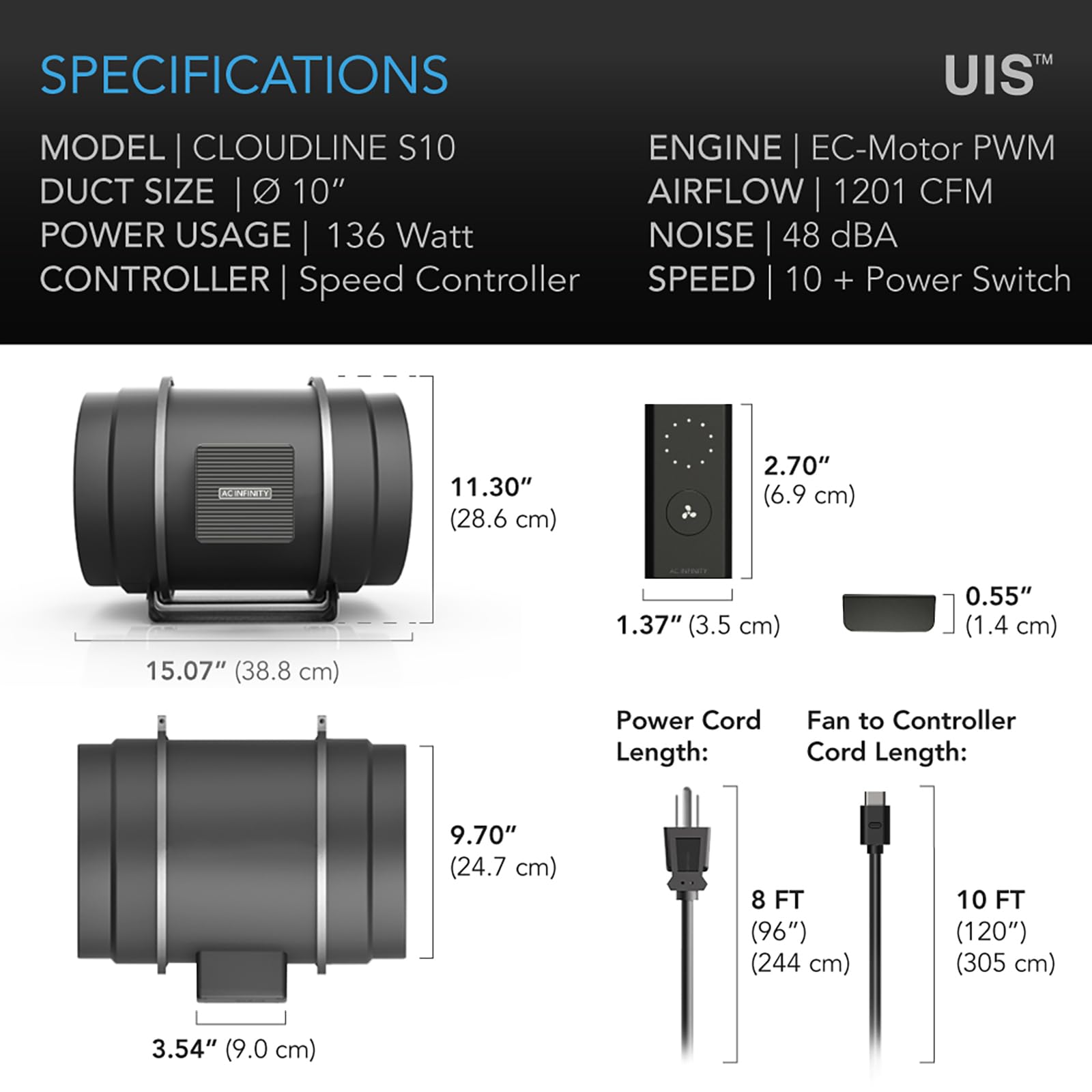 AC Infinity CloudLine Pro S10 10-inch duct fits standard ventilation runs