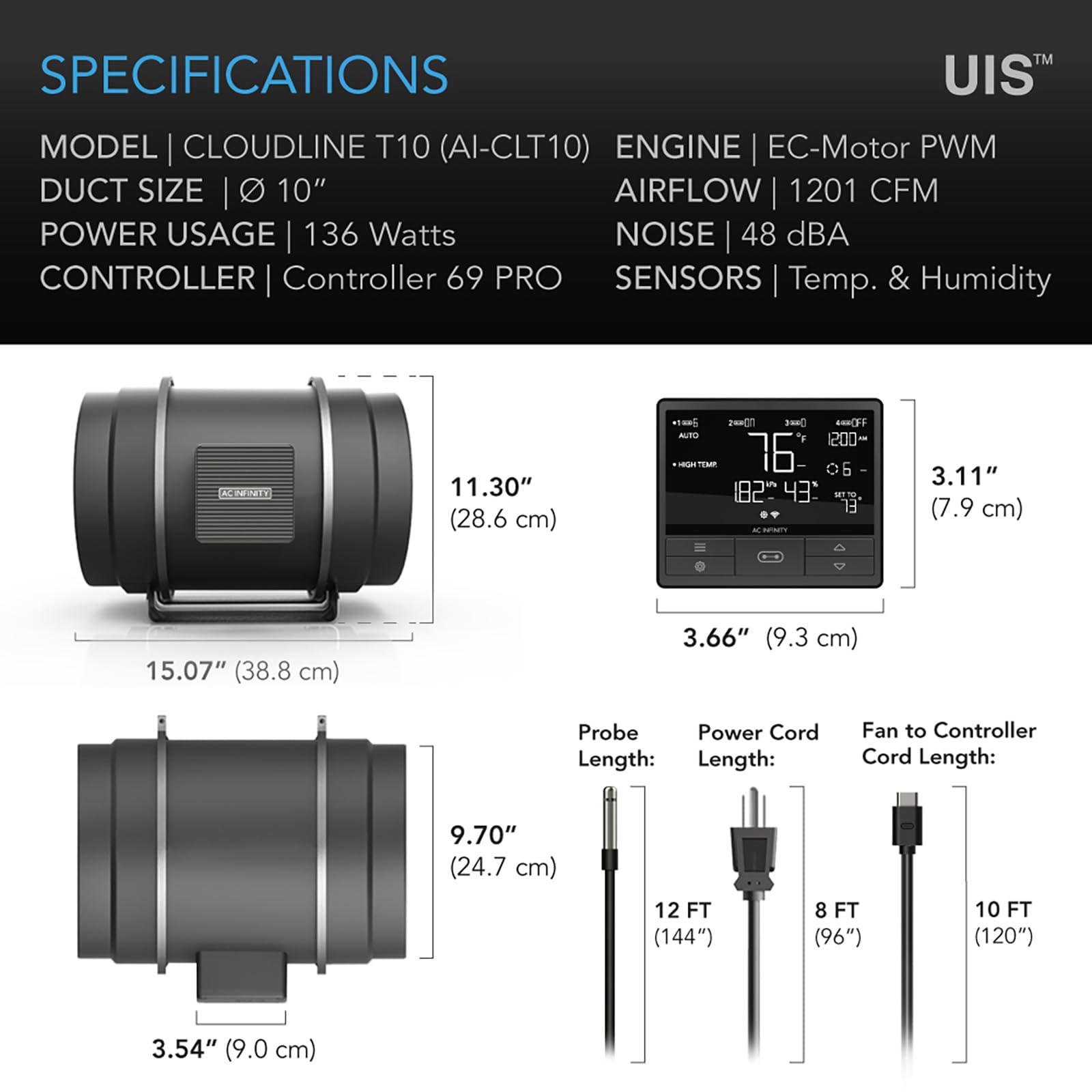 AC Infinity CloudLine Pro T10 operates at 48 dBA for quiet operation