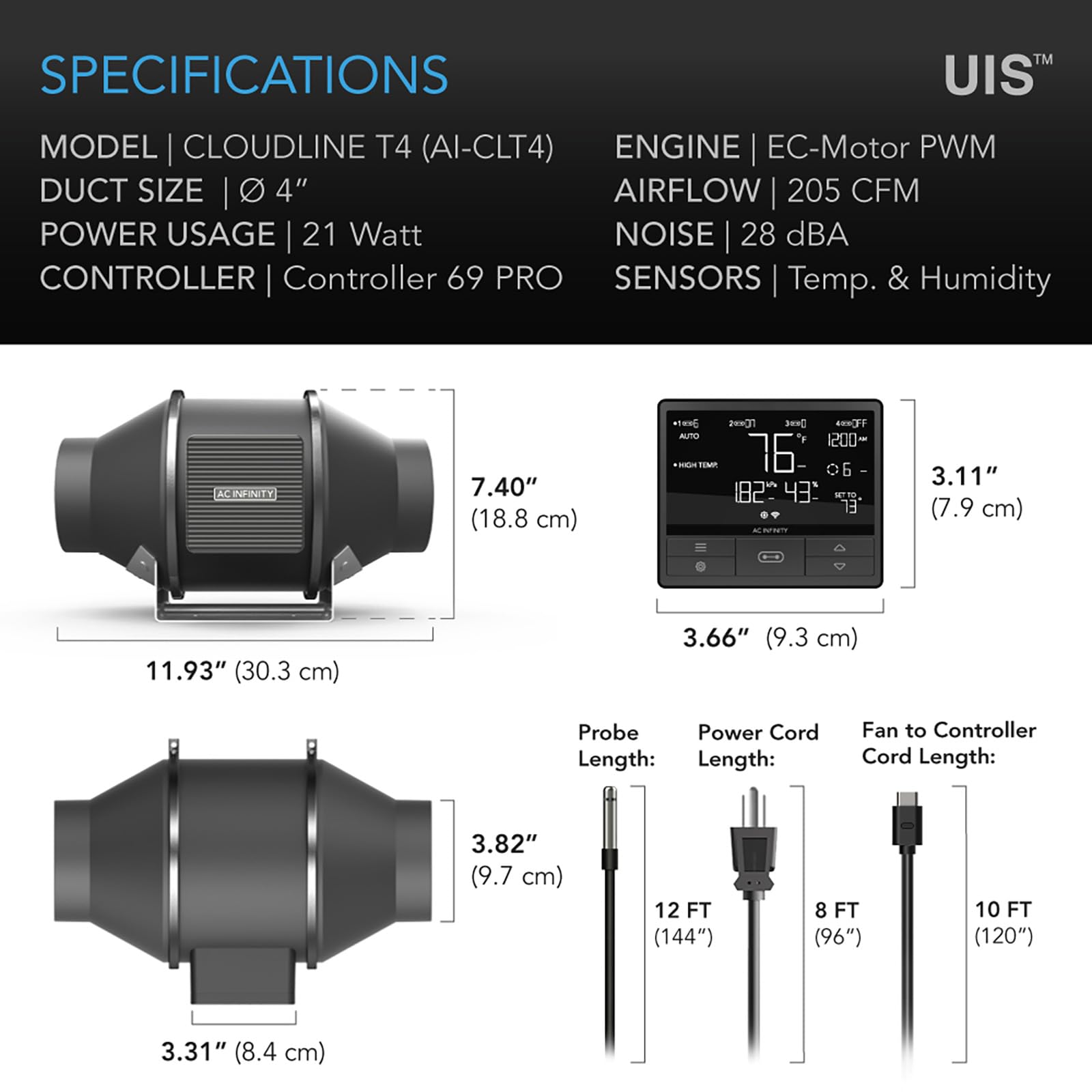 AC Infinity CLOUDLINE PRO T4 205 CFM airflow supports efficient room ventilation