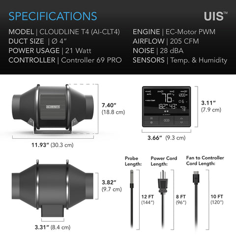 AC Infinity CLOUDLINE PRO T4 205 CFM airflow supports efficient room ventilation