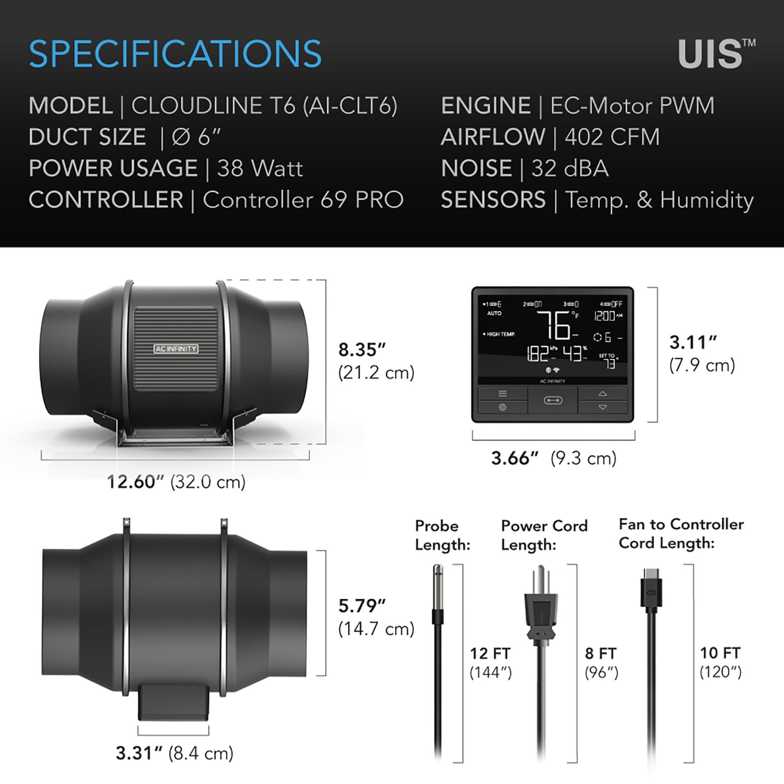 402 CFM airflow with 32 dBA noise level for discreet use.