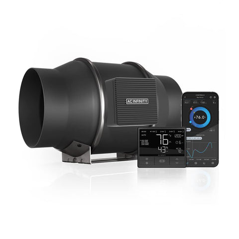 AC Infinity Cloudline Pro T6 front view shows compact, quiet 6” inline fan for grow rooms.