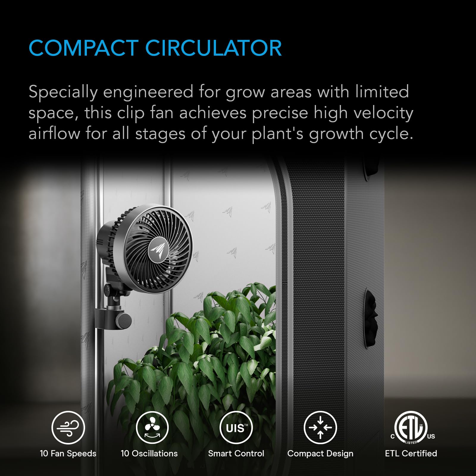 AC Infinity CLOUDRAY S4 dynamic wind speeds provide customizable airflow for plant cooling