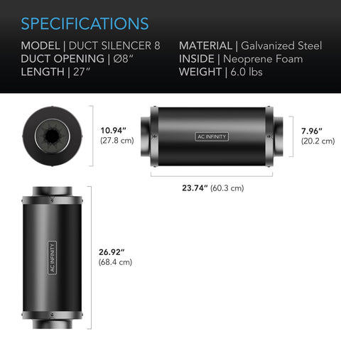AC Infinity silencer 8-inch duct opening closeup shows precise fit