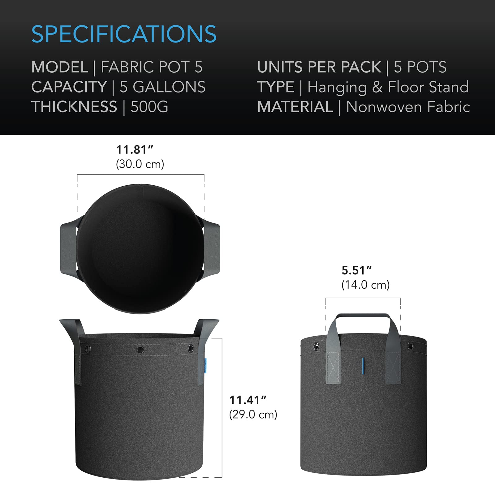AC Infinity five-pack with true 5.39 gallon capacity for larger plants.