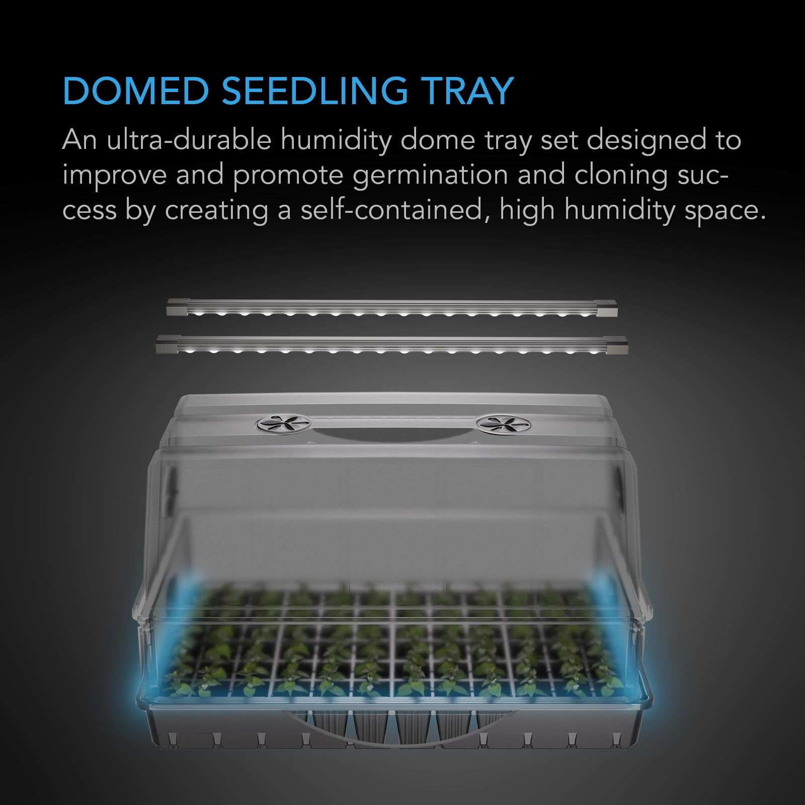 AC Infinity full-spectrum LED bars illuminate seedlings with efficient light.