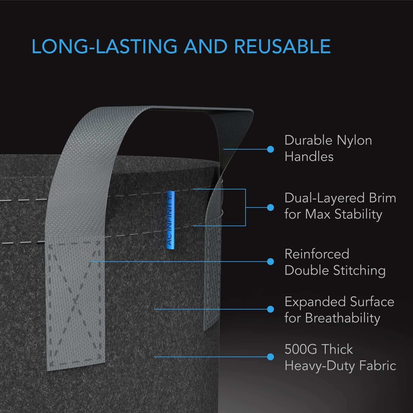 AC Infinity heavy-duty pots with reinforced stitching for lasting use