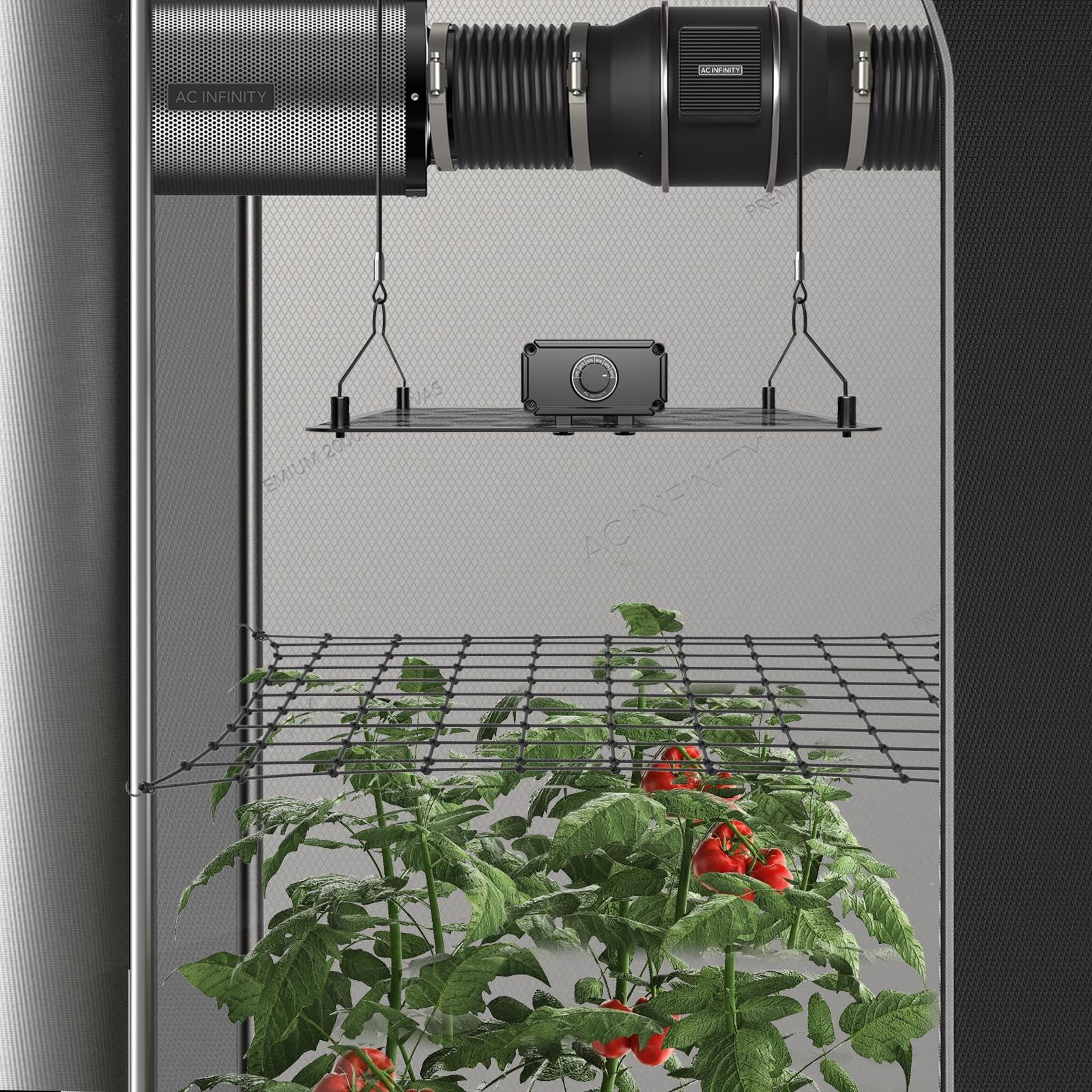 AC Infinity Hydroponics setup benefited by sturdy plant support netting