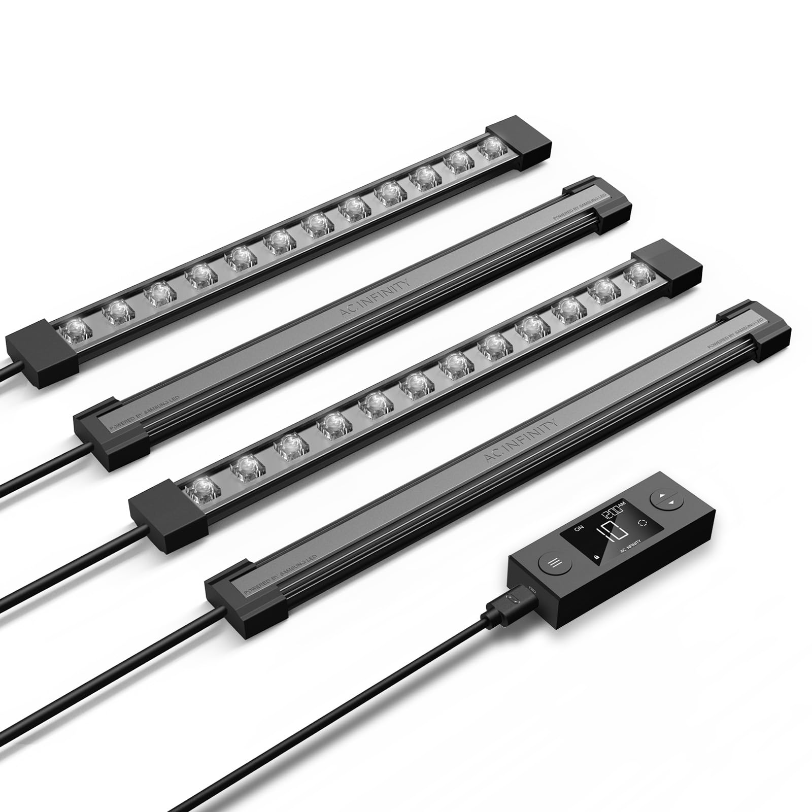 AC Infinity Ionbeam S11 LED bars mounted on a tent frame for improved canopy coverage.