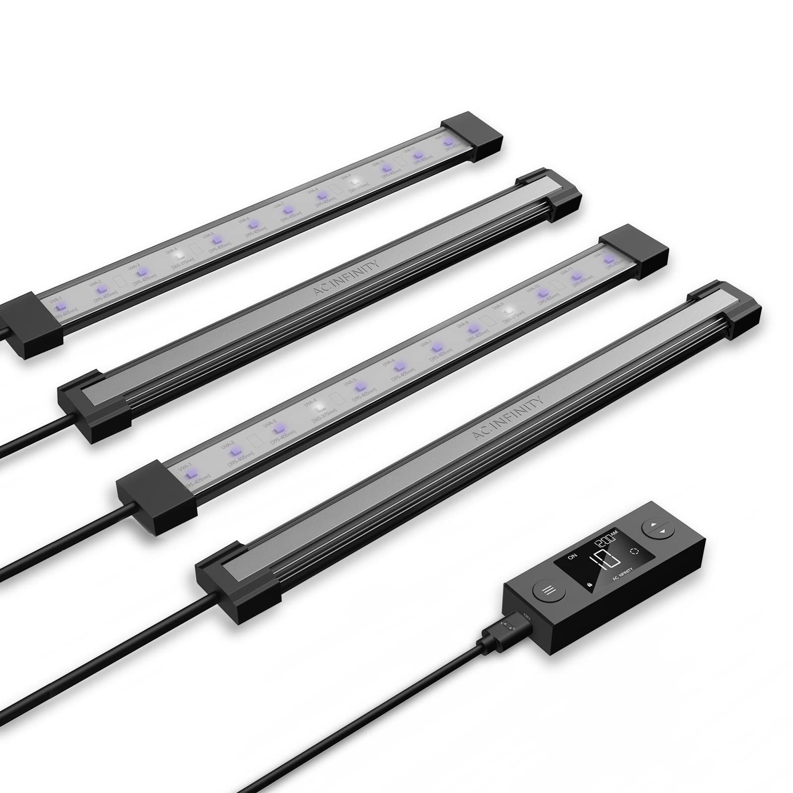 AC Infinity Ionbeam U4 UV bars mounted on a grow tent frame for targeted UV boost.