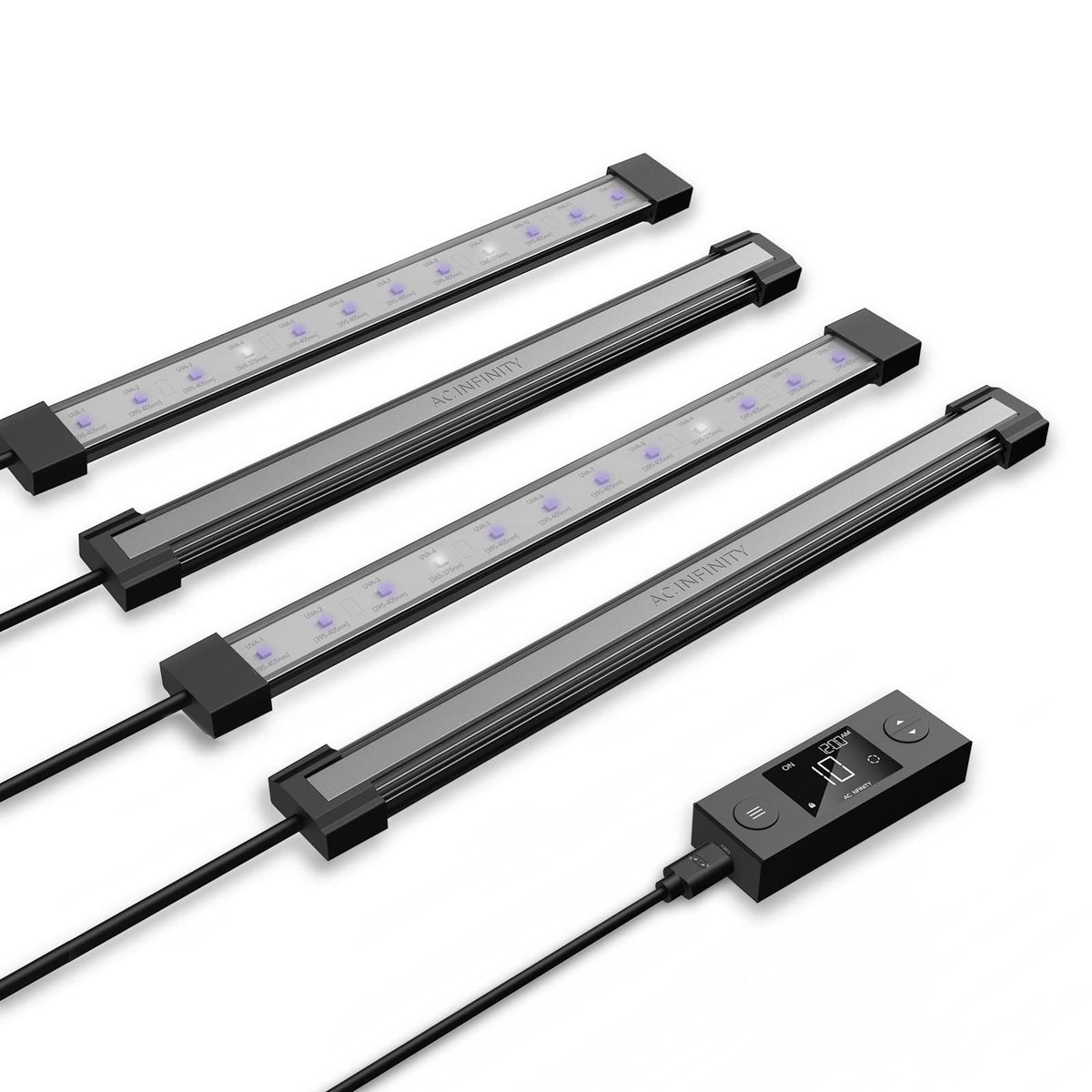 AC Infinity Ionbeam U4 UV bars mounted on a grow tent frame for targeted UV boost.