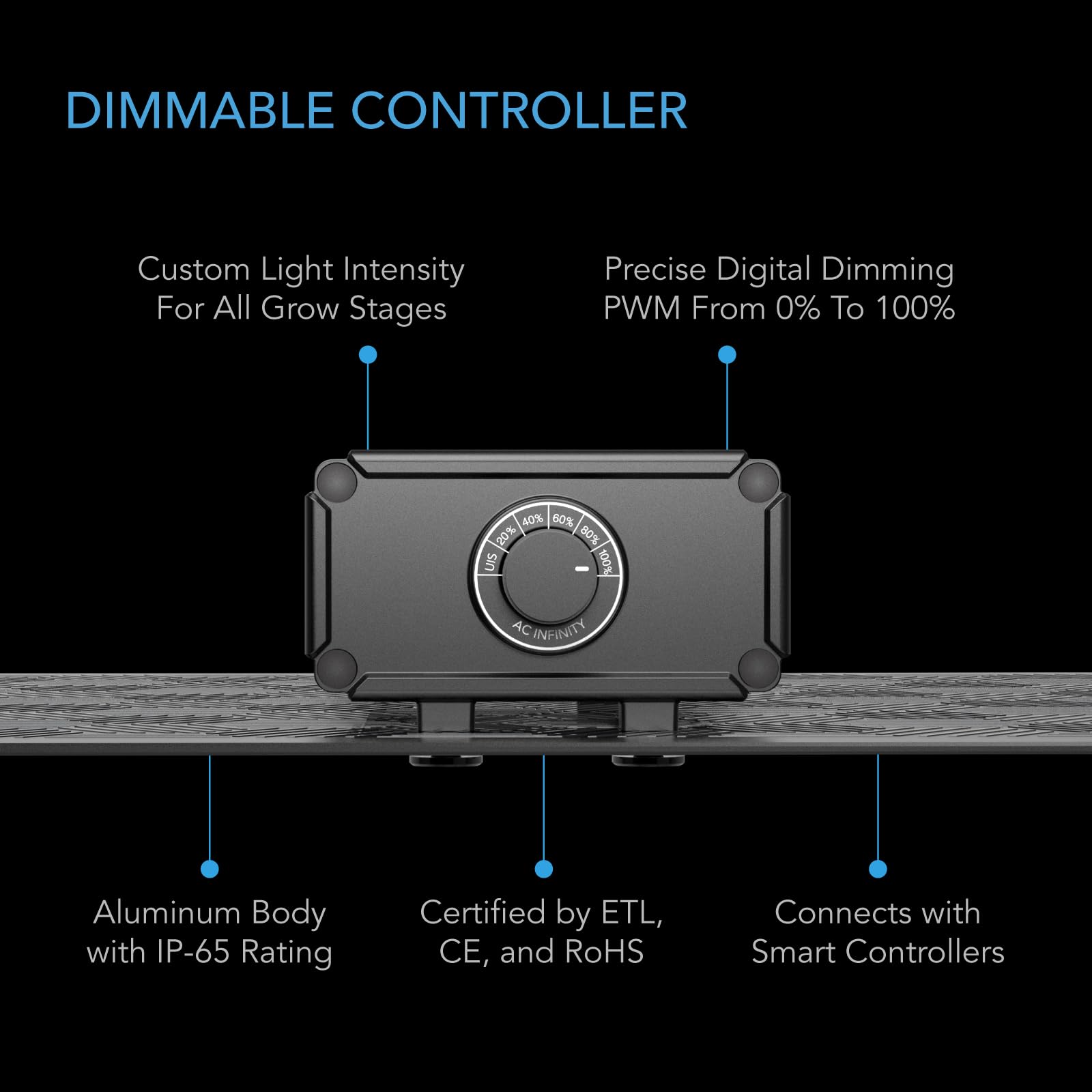 AC Infinity IONBOARD S22 dimmer control enables precise brightness.