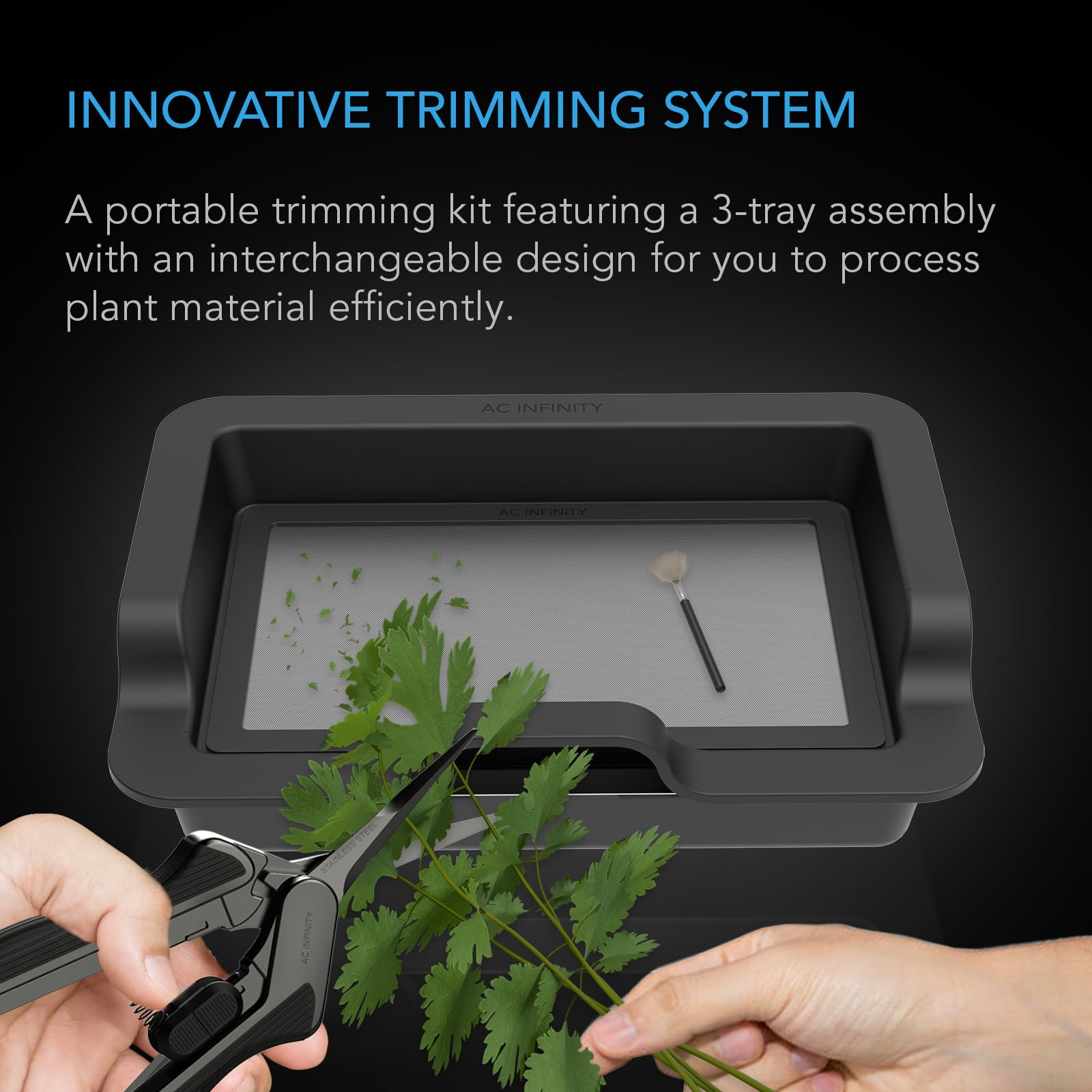 AC Infinity large trim tray interchangeable 3-tray kit demonstrates customizable harvest workflow