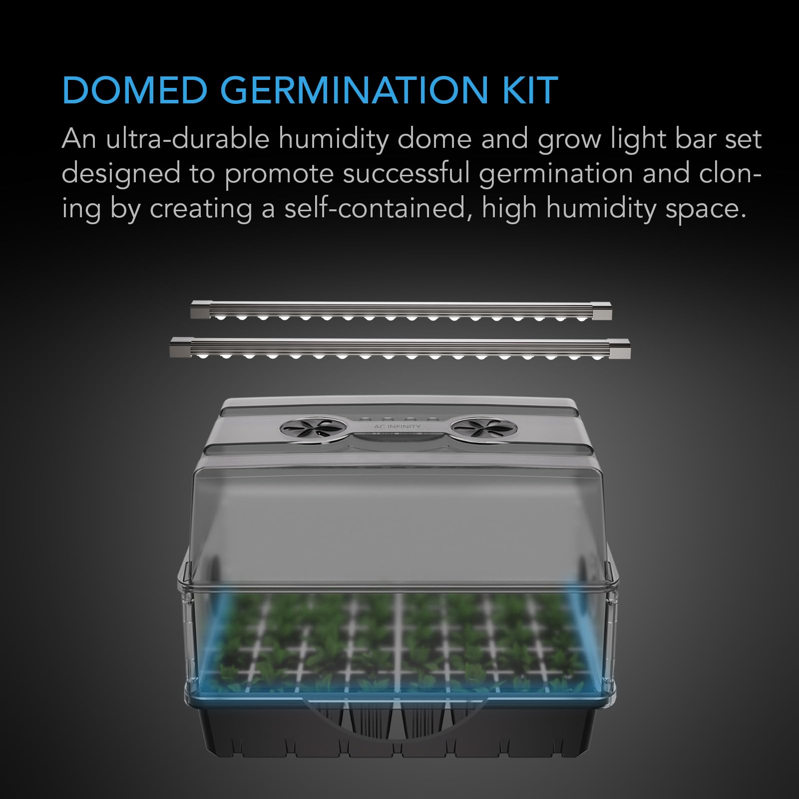 AC Infinity full-spectrum LED bars with Samsung LM301H EVO diodes for seedlings.