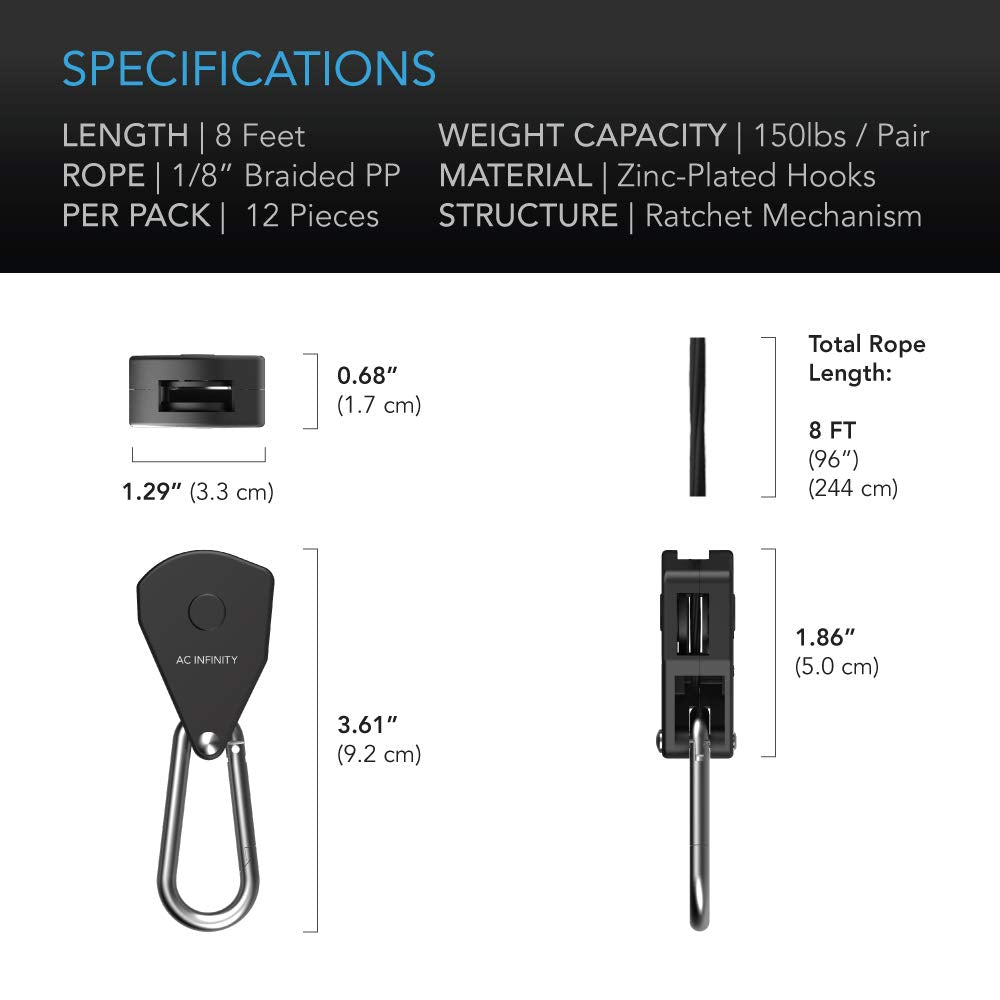 AC Infinity rope hanger highlights 8 ft rope and 150 lb per pair capacity.