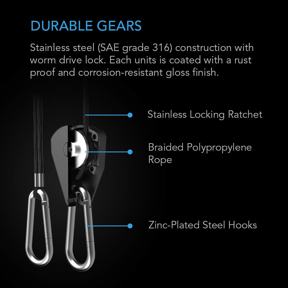 AC Infinity rope hanger shows heavy carabiner hooks for quick clipping.