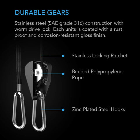 AC Infinity rope hanger shows heavy carabiner hooks for quick clipping.