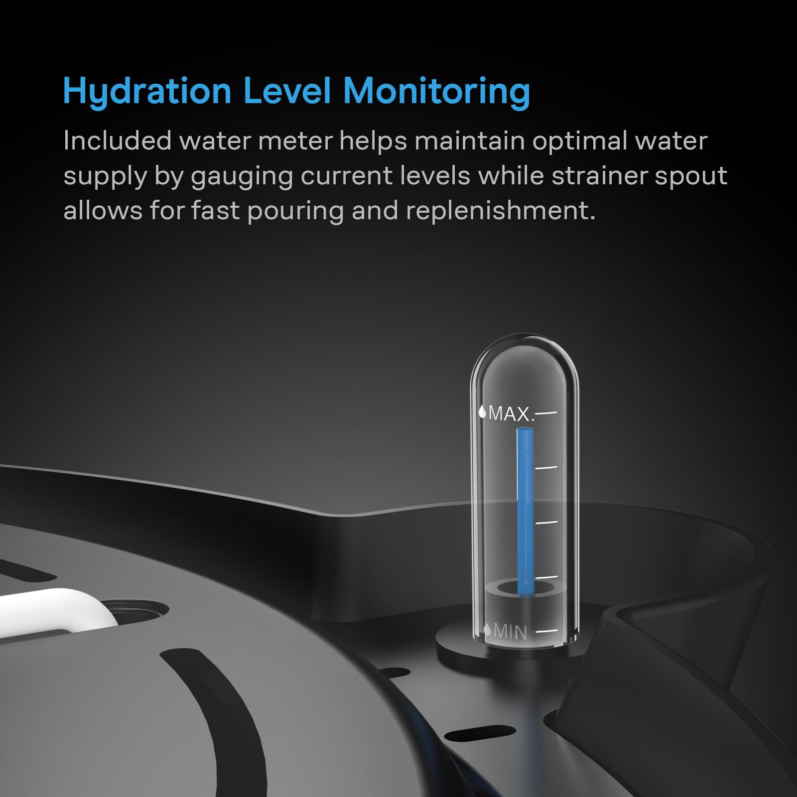 AC Infinity self-watering base XL reservoir meter highlights easy water level monitoring.