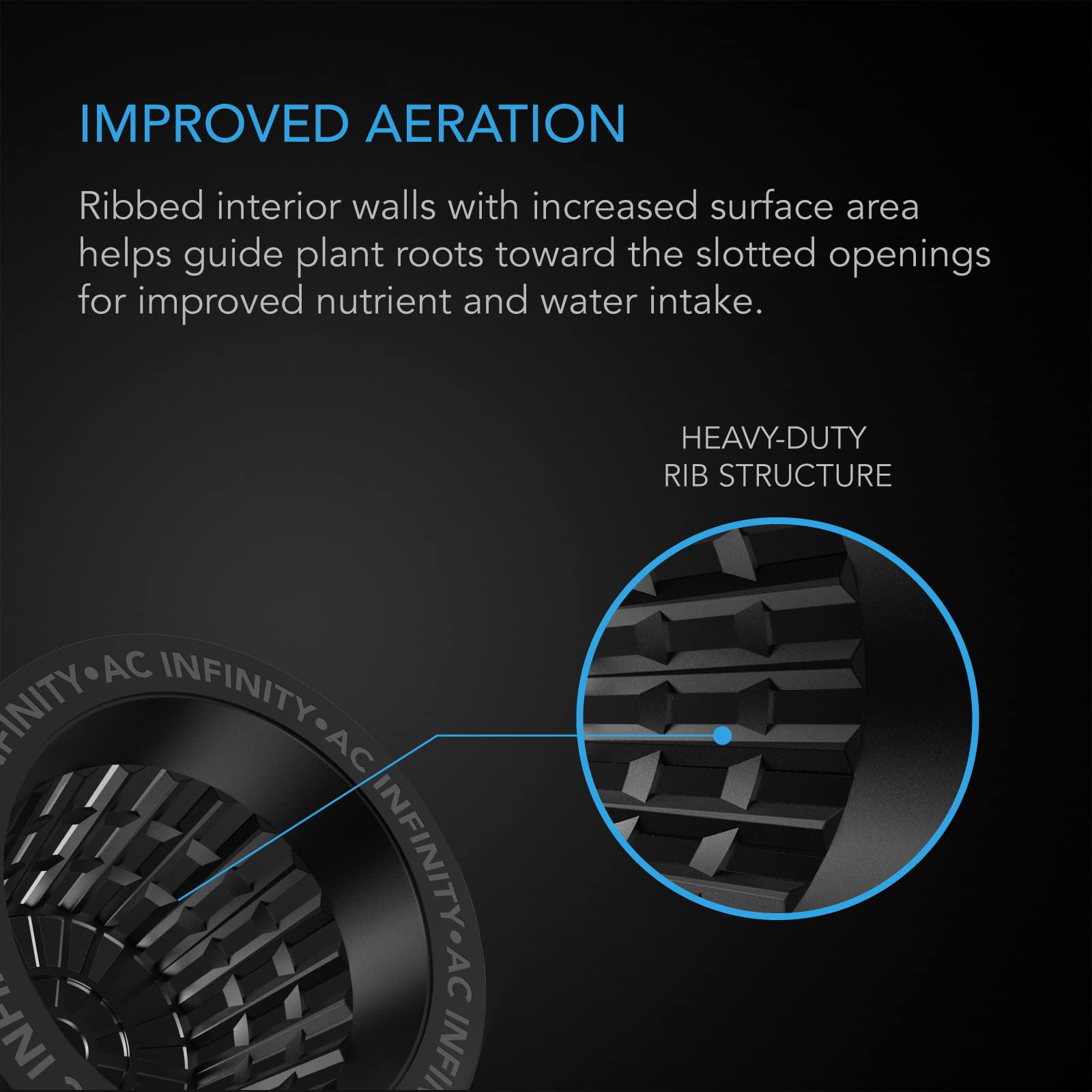 AC Infinity slotted net pot interior ribbed design improves water and nutrient flow.