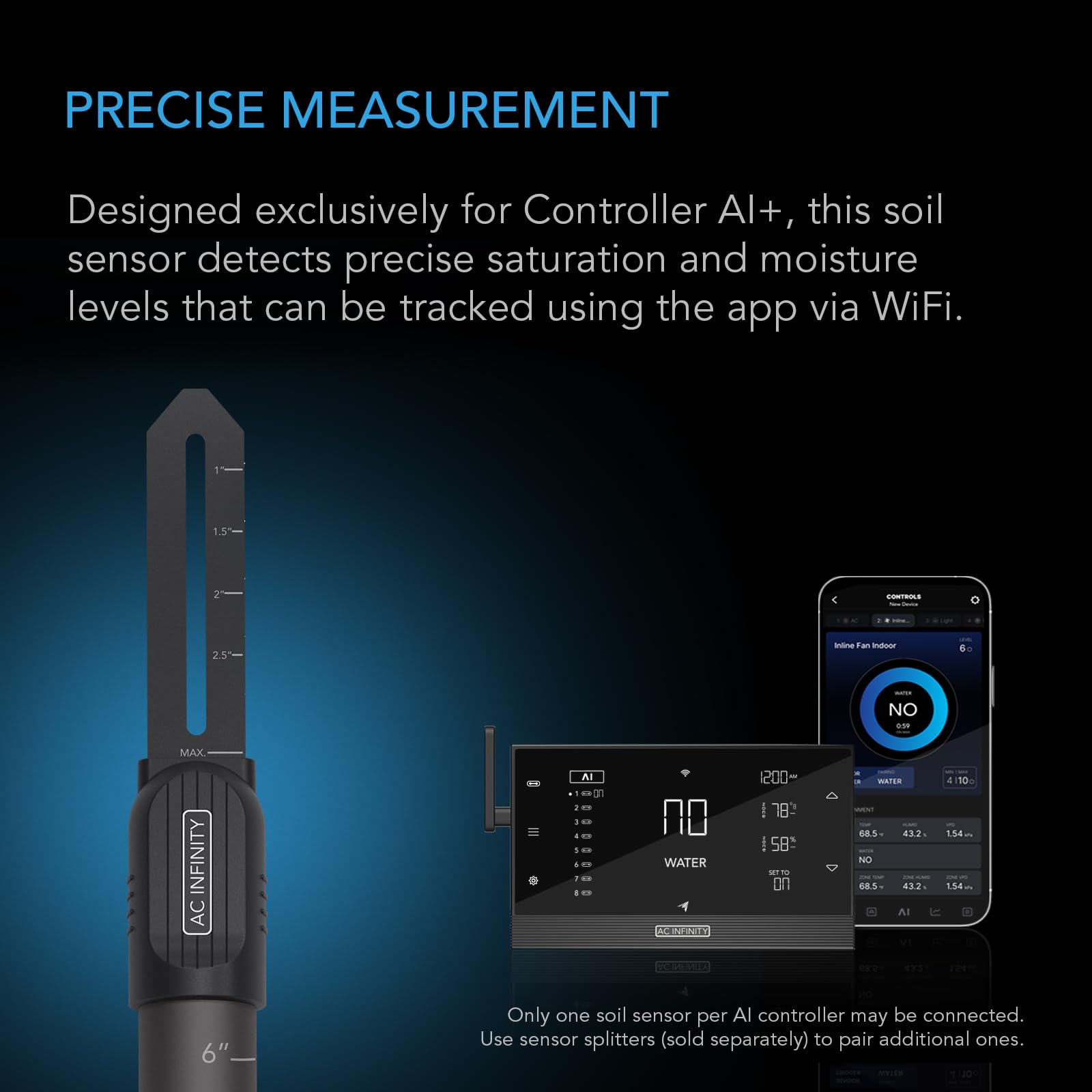 AC Infinity soil sensor probe with detachable stem enables deep, secure placement