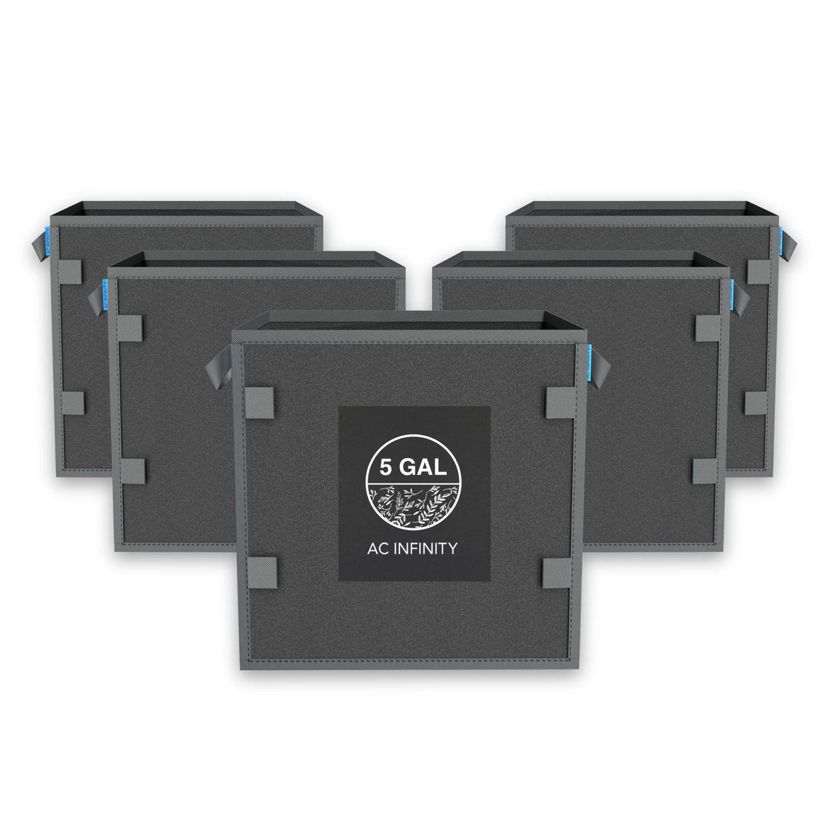 AC Infinity square heavy duty fabric pots for durable 5-gallon grow bags in a garden setup.