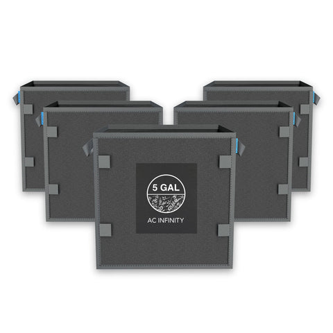 AC Infinity square heavy duty fabric pots for durable 5-gallon grow bags in a garden setup.