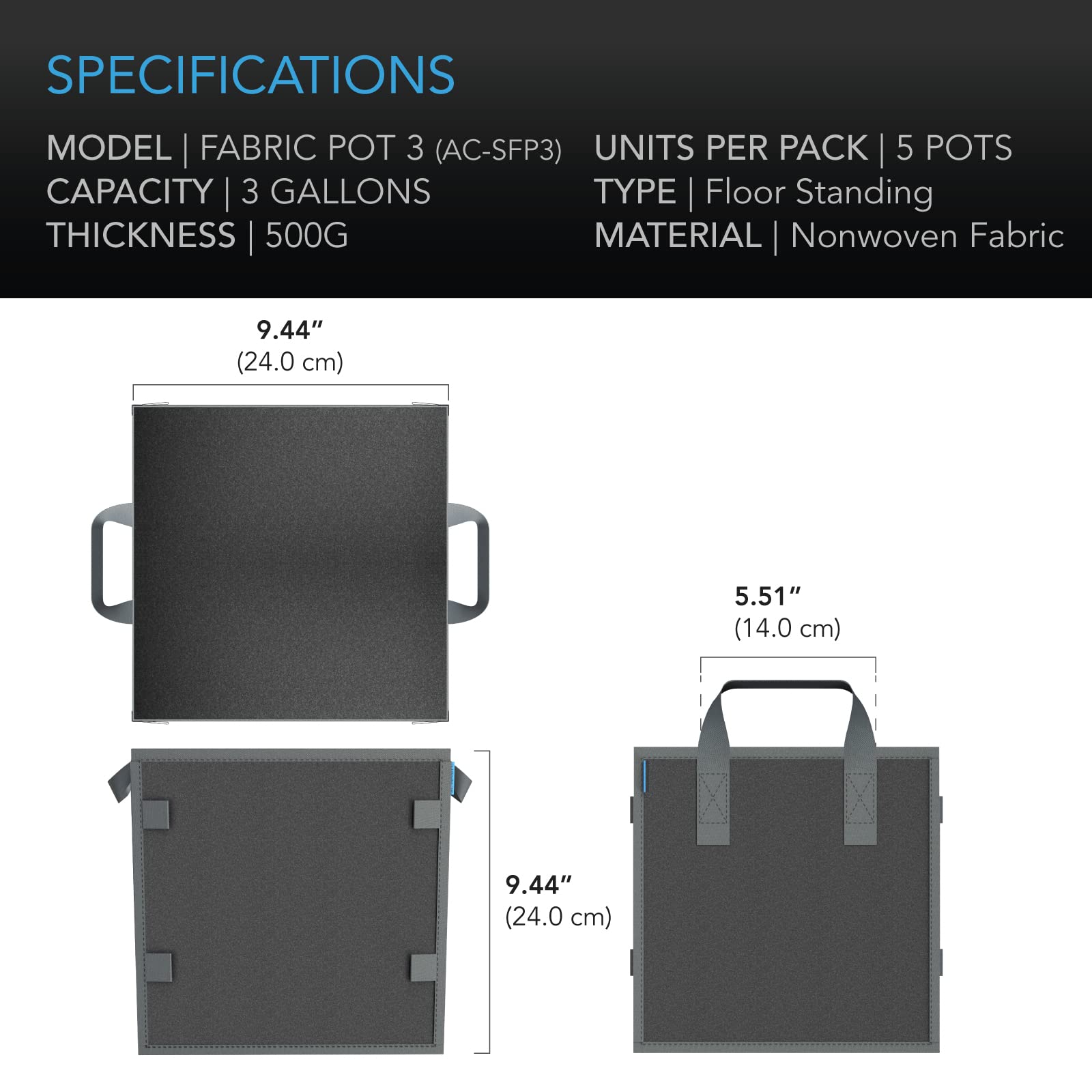 AC Infinity 3.4 gallon bags suited for indoor and outdoor gardening