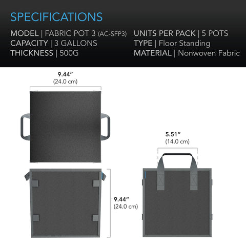 AC Infinity 3.4 gallon bags suited for indoor and outdoor gardening
