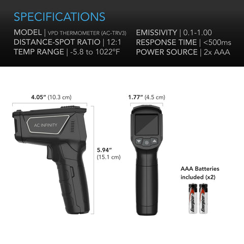 AC Infinity VPD thermometer shows ambient and leaf readings with humidity.