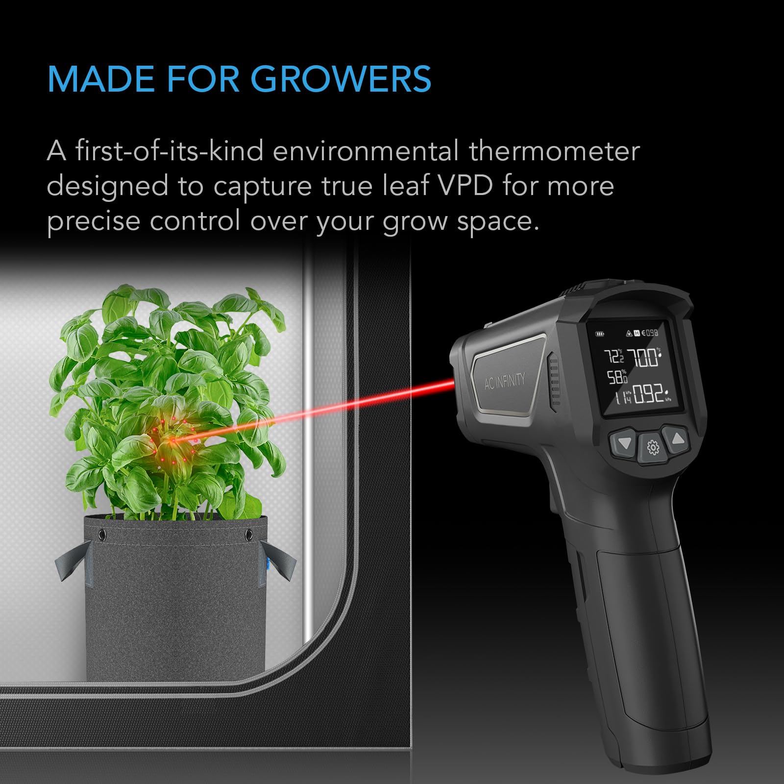 AC Infinity VPD thermometer laser spot highlights leaf area for precise data.