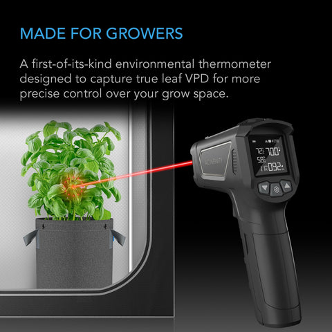 AC Infinity VPD thermometer laser spot highlights leaf area for precise data.