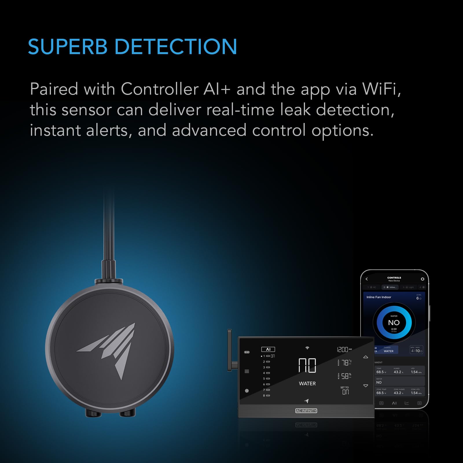 AC Infinity sensor with magnetic mount offers quick, versatile installation.