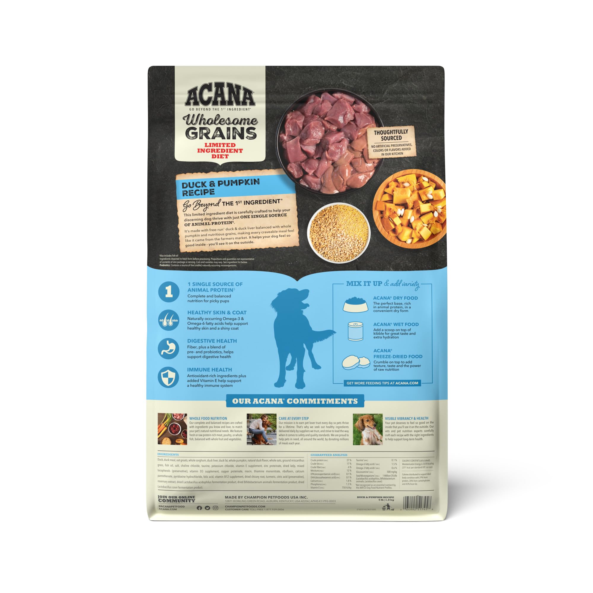 ACANA bag front label shows grain-based recipe and single animal protein