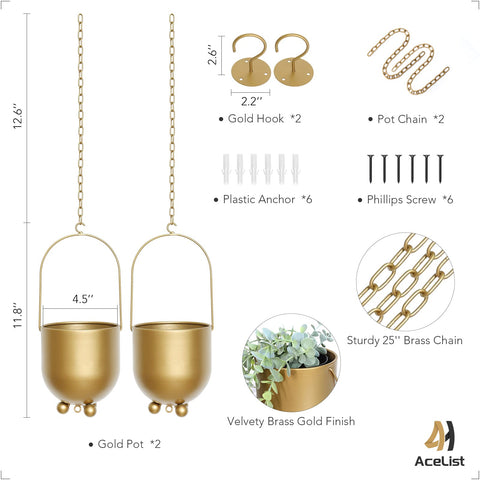 AceList Boho Gold hanging planter showing parallel chain arrangement for ceiling use