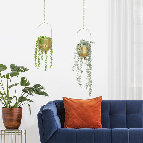 AceList Boho Gold hanging planter displayed indoors with greenery