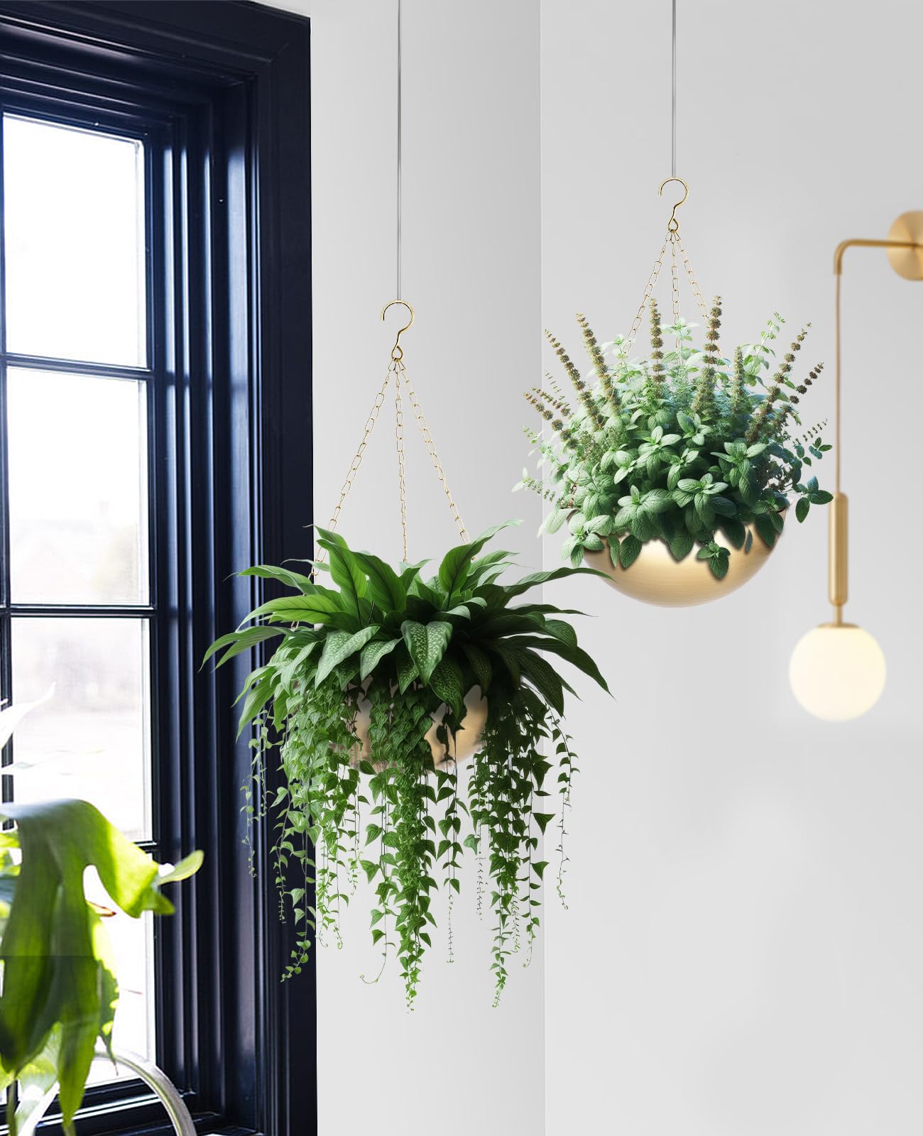 AceList indoor living room setup with gold hanging planter for lush greenery.
